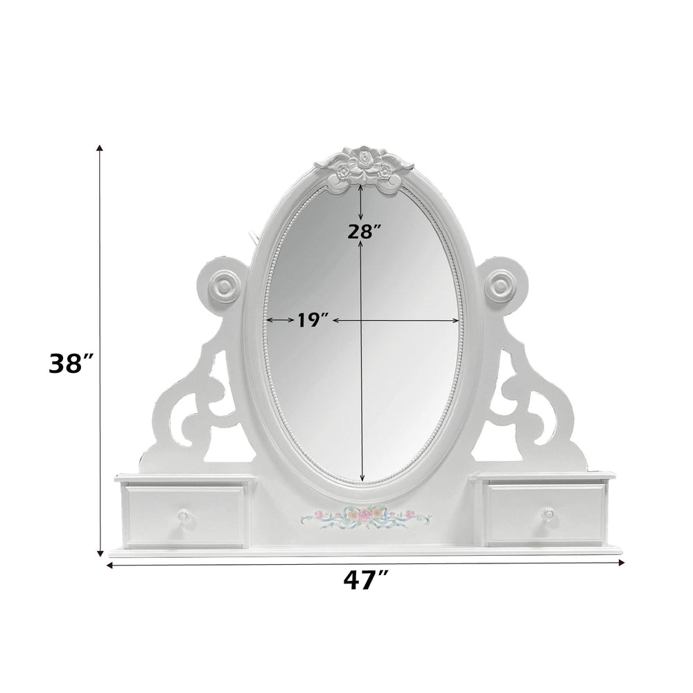 Primrose White Mirror with Floral Accent A white ornate vanity mirror table with two small drawers on either side of the oval mirror, featuring decorative scrollwork and a small floral detail near the bottom center.