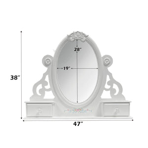 Primrose White Mirror with Floral Accent White decorative mirror with measurements on a white background