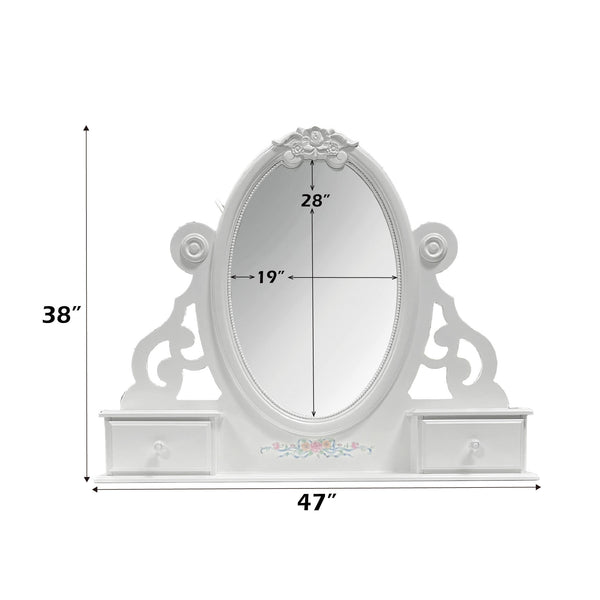 Primrose White Mirror with Floral Accent White decorative mirror with measurements on a white background