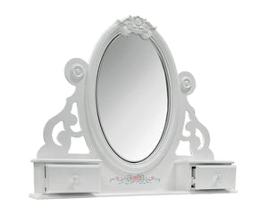 Primrose White Mirror with Floral Accent A white vanity mirror with an ornate oval frame, decorative side scrollwork, and two small drawers on the base, shown against a plain white background.