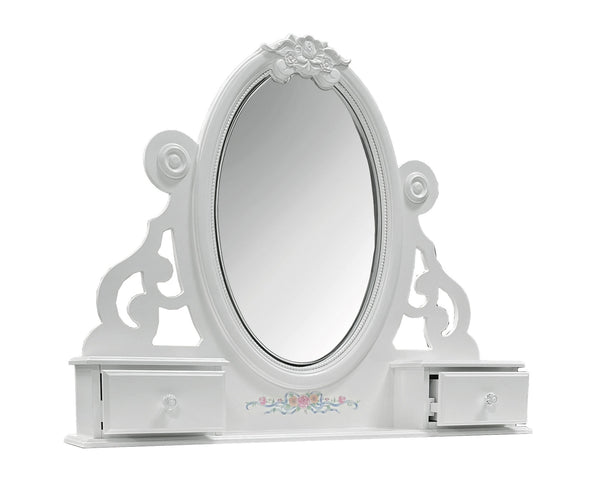 Primrose White Mirror with Floral Accent A white vanity mirror with an ornate oval frame, decorative side scrollwork, and two small drawers on the base, shown against a plain white background.