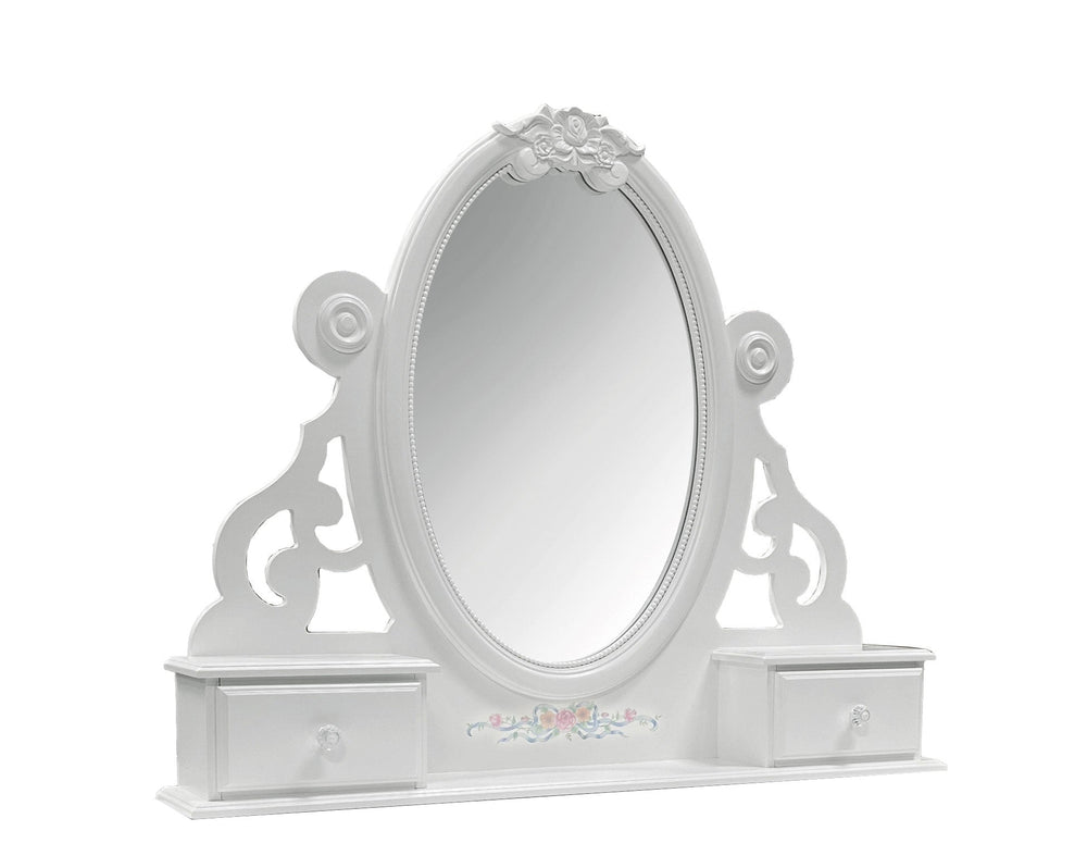 Primrose White Mirror with Floral Accent A white ornate vanity mirror table with two small drawers on either side of the oval mirror, featuring decorative scrollwork and a small floral detail near the bottom center.