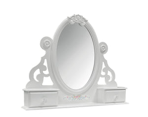 Primrose White Mirror with Floral Accent A white ornate vanity mirror with an oval center mirror, decorative scrollwork sides, and two small drawers on the base, shown on a plain white background.