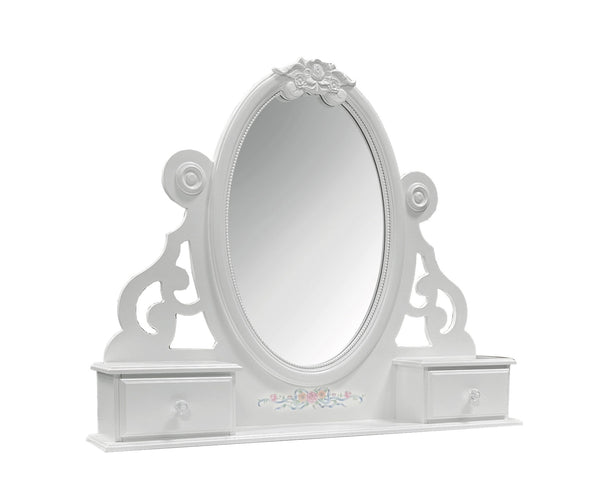 Primrose White Mirror with Floral Accent A white ornate vanity mirror with an oval center mirror, decorative scrollwork sides, and two small drawers on the base, shown on a plain white background.