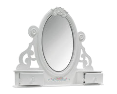 Primrose White Mirror with Floral Accent A white ornate vanity mirror table with two small drawers on either side of the oval mirror, featuring decorative scrollwork and a small floral detail near the bottom center.