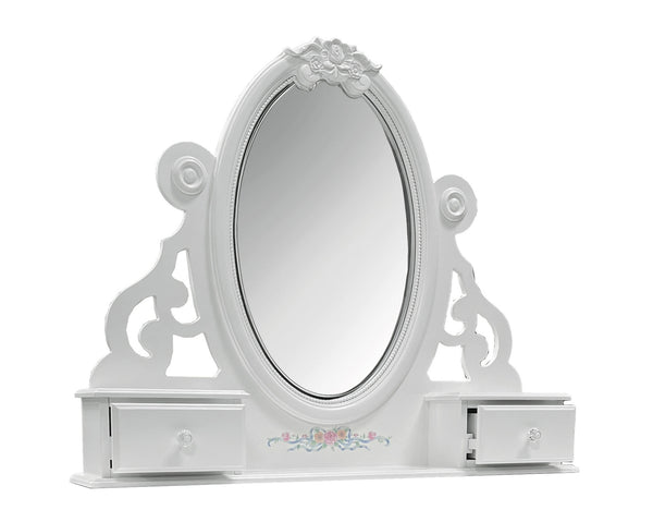 Primrose White Mirror with Floral Accent A white ornate vanity mirror table with two small drawers on either side of the oval mirror, featuring decorative scrollwork and a small floral detail near the bottom center.