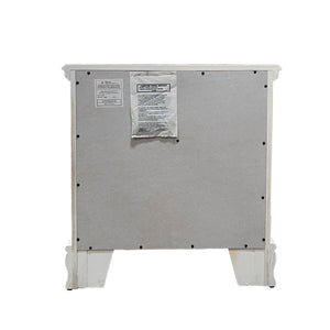 Primrose White Nightstand with Floral Accent Back view of a metal cabinet with labels on a white background