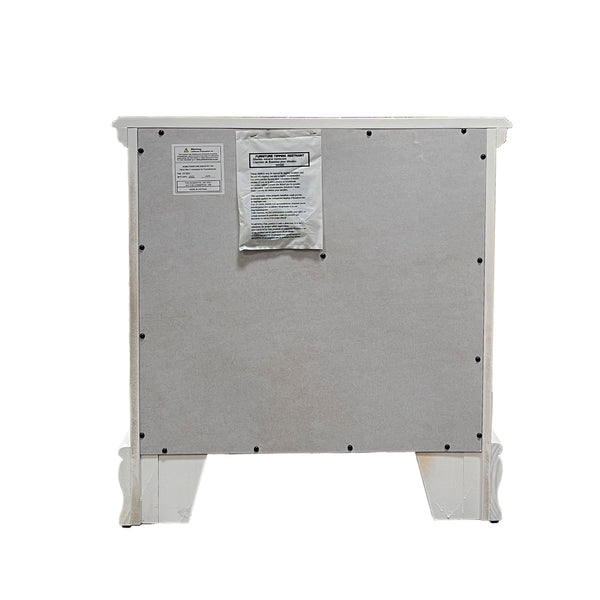 Primrose White Nightstand with Floral Accent Back view of a metal cabinet with labels on a white background