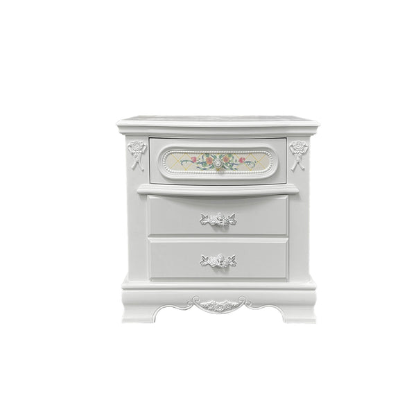 Primrose White Nightstand with Floral Accent A white ornate two-drawer nightstand with decorative floral detailing on the top drawer and silver metal handles, shown against a plain white background.