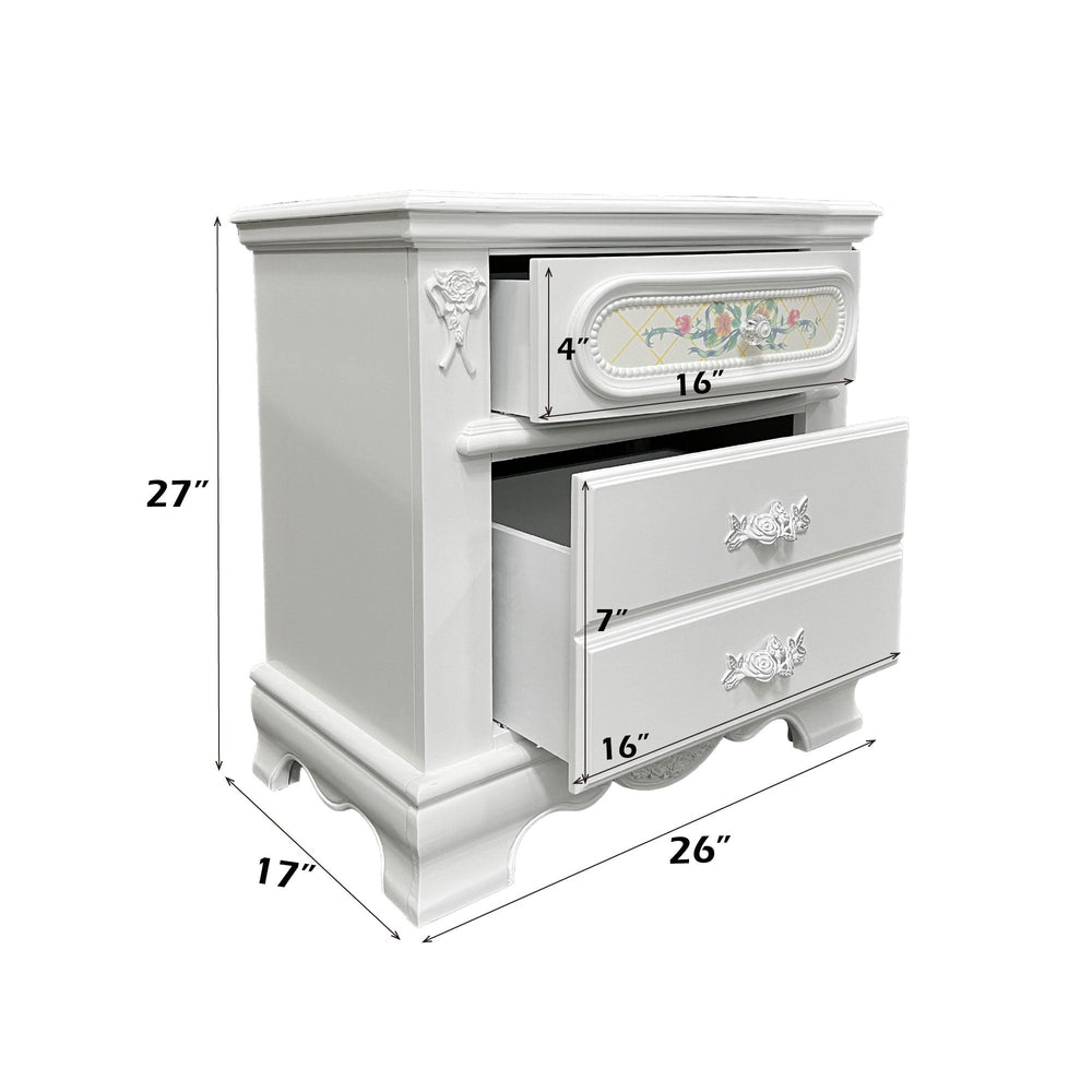 Primrose White Nightstand with Floral Accent A white two-drawer nightstand with ornate carved details, decorative drawer pulls, and a small floral accent panel on the top drawer, shown against a plain white background.