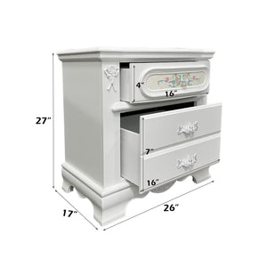 Primrose White Nightstand with Floral Accent White nightstand with floral designs and measurements on a white background