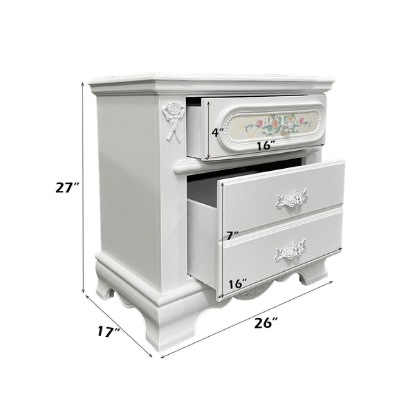 Primrose White Nightstand with Floral Accent White nightstand with floral designs and measurements on a white background