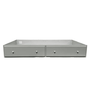 Primrose White Twin Bed Frame with Floral Accent A gray metal underbed storage box with two front drawers and small round knobs, shown against a plain white background.