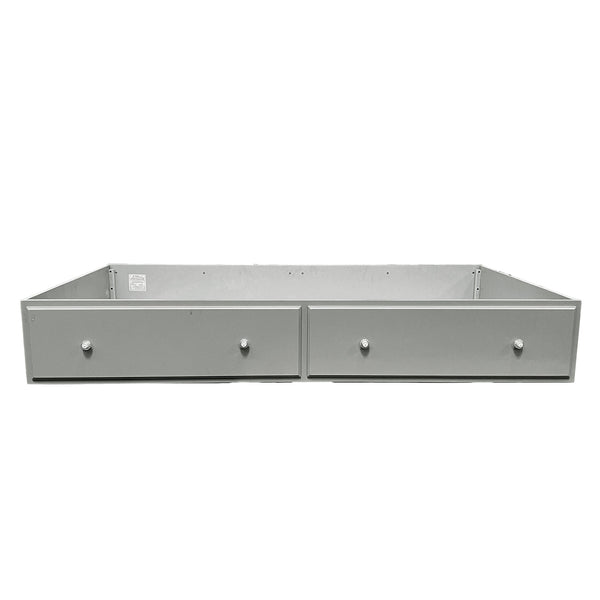 Primrose White Twin Bed Frame with Floral Accent A gray metal underbed storage box with two front drawers and small round knobs, shown against a plain white background.