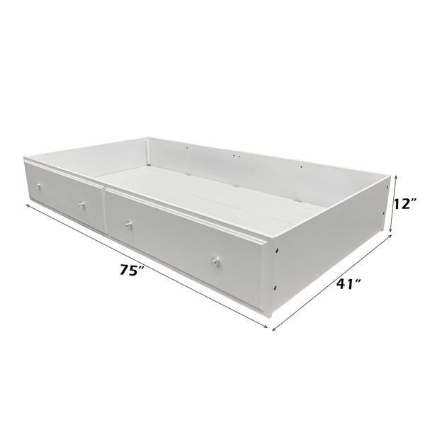Primrose White Twin Bed Frame with Floral Accent White drawer with dimensions labeled on a white background