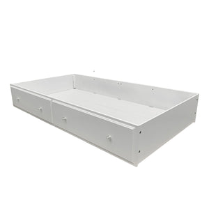 Primrose White Twin Bed Frame with Floral Accent White wooden under-bed storage drawer bed frame with two front drawers and small round knobs, shown on a plain white background.