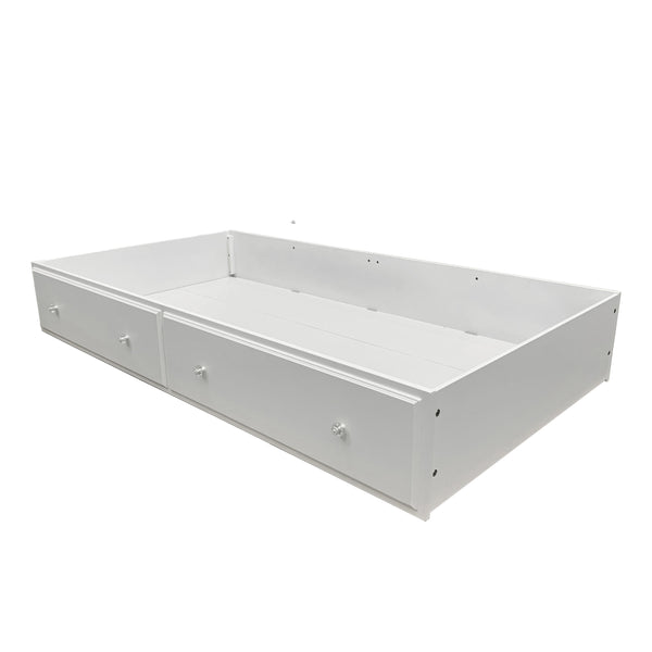 Primrose White Twin Bed Frame with Floral Accent White wooden under-bed storage drawer bed frame with two front drawers and small round knobs, shown on a plain white background.