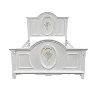 Primrose White Twin Bed Frame with Floral Accent A white wooden bed frame with decorative paneling and oval floral inlays on the headboard and footboard, shown against a plain white background.