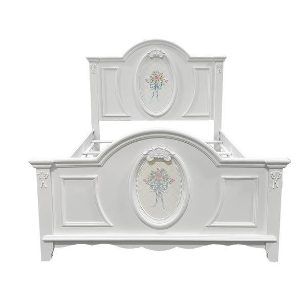 Primrose White Twin Bed Frame with Floral Accent A white wooden bed frame with decorative paneling and oval floral inlays on the headboard and footboard, shown against a plain white background.
