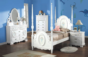 Primrose White Twin Bed Frame with Floral Accent A children's bedroom furniture set featuring a white four-poster bed with floral details, a matching white dresser with an oval mirror, a white chest of drawers, and a white nightstand, set against blue walls.