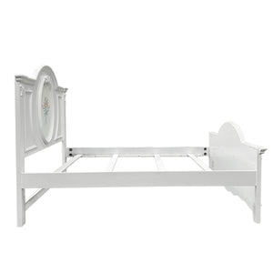 Primrose White Twin Bed Frame with Floral Accent White bed frame with decorative headboard on a white background