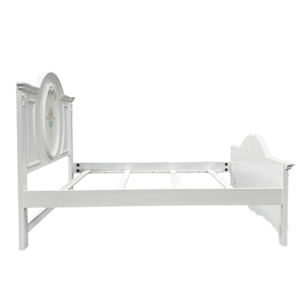 Primrose White Twin Bed Frame with Floral Accent White bed frame with decorative headboard on a white background