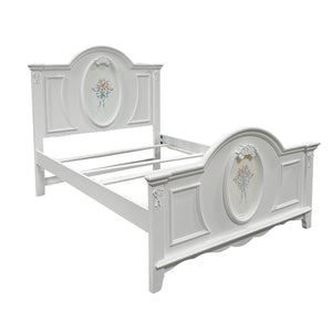 Primrose White Twin Bed Frame with Floral Accent White wooden bed with floral designs on a white background