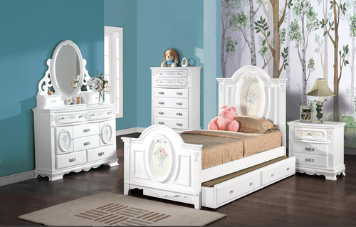 Primrose White Twin Bed Frame with Floral Accent Children's bedroom set with white bed, dresser, and nightstand against a blue wall.