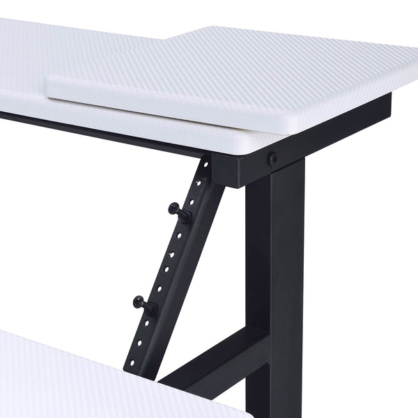 Primtone Black White Music Production Desk Close-up of a white textured table top with a black metal support frame and leg adjustment knobs, shown on a white background.