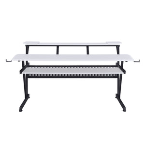 Primtone Black White Music Production Desk A dual-tier desk with a white top surface, black metal legs, and a lower perforated shelf, shown against a plain white background.