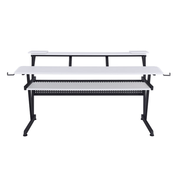 Primtone Black White Music Production Desk A dual-tier desk with a white top surface, black metal legs, and a lower perforated shelf, shown against a plain white background.