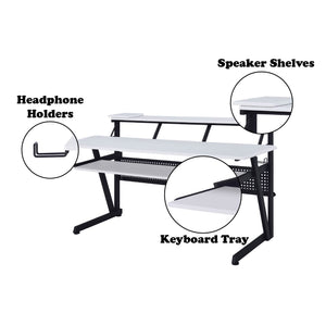 Primtone Black White Music Production Desk Studio desk with labeled features on a white background