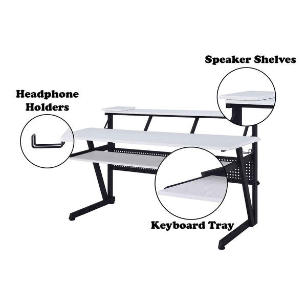 Primtone Black White Music Production Desk Studio desk with labeled features on a white background