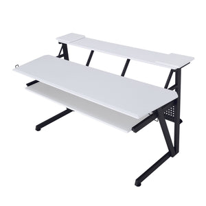 Primtone Black White Music Production Desk A white computer desk with a black metal frame, featuring a main desktop surface, a lower storage shelf, and an adjustable upper tray.