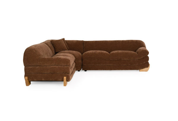 Prinkett Modular Corner Brown Fabric Sectional Sofa A brown upholstered sectional sofa with a left-facing chaise lounge and light wood legs, shown against a plain white background.