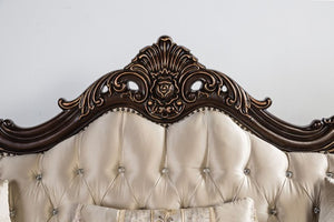 Prisya Traditional Dark Cherry Beige Fabric Sofa Decorative headboard with intricate carvings on a light background