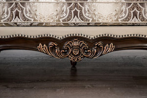 Prisya Traditional Dark Cherry Beige Fabric Sofa Decorative wooden furniture with intricate carvings on a dark background
