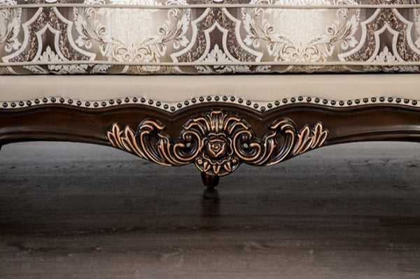 Prisya Traditional Dark Cherry Beige Fabric Sofa Decorative wooden furniture with intricate carvings on a dark background