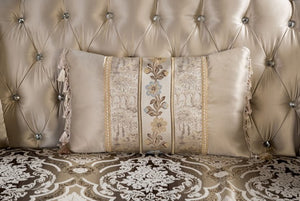 Prisya Traditional Dark Cherry Beige Fabric Sofa Decorative pillow with floral patterns on a patterned surface