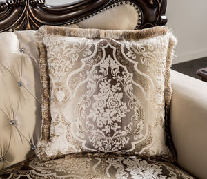 Prisya Traditional Dark Cherry Beige Fabric Sofa Decorative pillow with intricate pattern on a upholstered chair