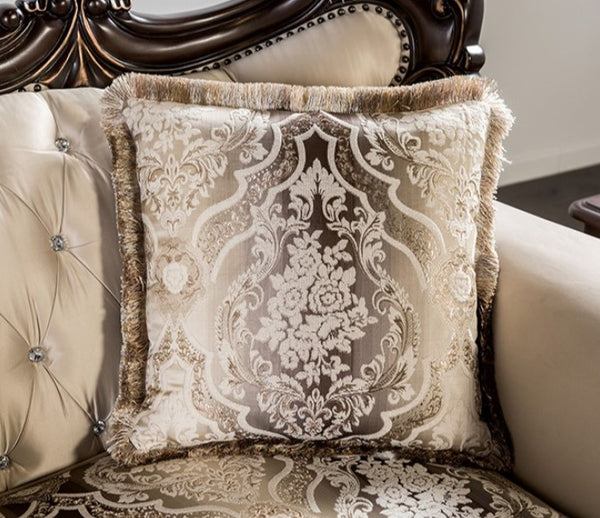 Prisya Traditional Dark Cherry Beige Fabric Sofa Decorative pillow with intricate pattern on a upholstered chair