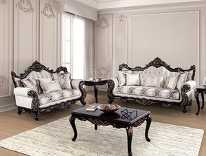 Prisya Traditional Dark Cherry Beige Fabric Sofa Luxurious living room with ornate furniture and decorative elements.