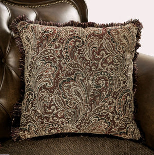 Priya Leatherette Fabric Button Tufted Sofa Decorative pillow with intricate pattern on a brown leather sofa