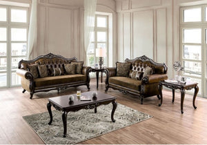 Priya Leatherette Fabric Button Tufted Sofa Luxurious brown leather sofa set in a well-lit room with large windows.