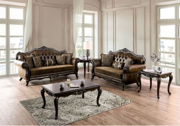Priya Leatherette Fabric Button Tufted Sofa Luxurious brown leather sofa set in a well-lit room with large windows.