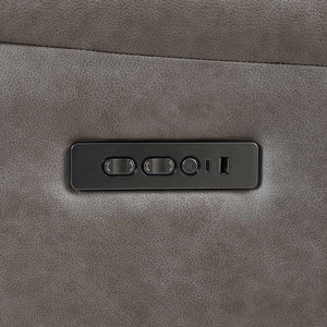 Punge Power Motion Reclining Sectional Sofa Close-up of a dark gray rectangular control panel with three buttons and a USB port, set into a textured gray fabric surface.