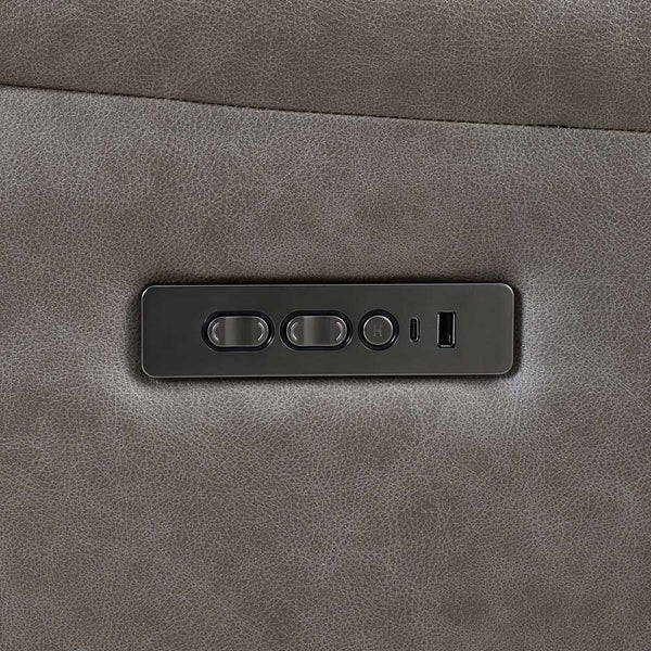 Punge Power Motion Reclining Sectional Sofa Close-up of a dark gray rectangular control panel with three buttons and a USB port, set into a textured gray fabric surface.