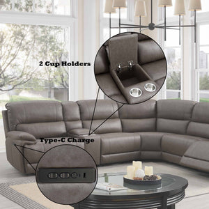 Punge Power Motion Reclining Sectional Sofa Gray sectional sofa with cup holders and Type-C charging port in a living room setting.