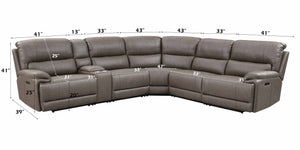 Punge Power Motion Reclining Sectional Sofa Gray upholstered sectional sofa shown on a white background with overlaid dimension labels and measurements across the seat, back, and arms.