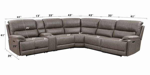 Punge Power Motion Reclining Sectional Sofa Gray upholstered sectional sofa shown on a white background with overlaid dimension labels and measurements across the seat, back, and arms.